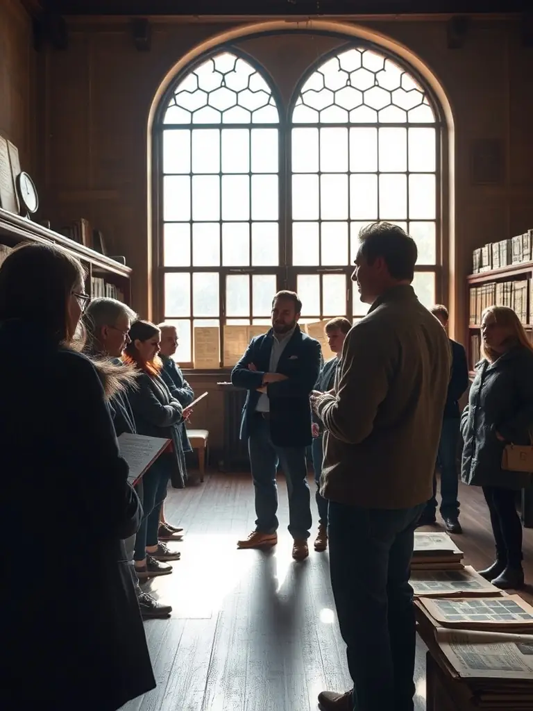 A photograph of A.C.T.I.F's team conducting a guided tour of a historical archive, showcasing the organization's efforts to make historical documents accessible to the public.